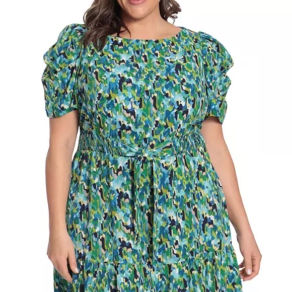 London Times Plus Size Puff-Sleeve Printed Dress - Picture 1 of 4